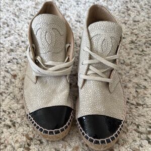 CHANEL Textured Cream and Black Espadrille Sneakers